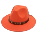 Detail of orange fedora hat featuring brown leather band with bronze metal shells - Orange