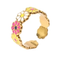 Detail of 18k gold plated open ring featuring colorful enamel daisy flower patterns - Adjustable Open / Style 6 (Colorful Daisy)