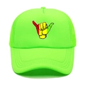 Macro detail of neon green trucker hat with Shaka gesture and breathable mesh back - M (56-58cm) / Fluorescent Green