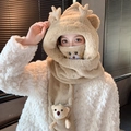 Écharpe à capuche 3-en-1 en peluche kaki clair avec petit ours et bois de cerf hiver - Adulte / Ensemble 4 pièces amélioré (Avec ours) / Café Foncé