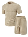 Men's casual summer two-piece set in apricot with textured short sleeve and shorts - S / Khaki