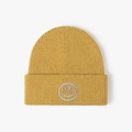 Yellow winter beanie with smiley face embroidery and thick ribbed knit texture - One Size / Ginger Yellow