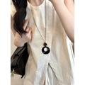 Vintage ethnic style long necklace with black ring pendant and wood disk detail - 72# Necklace-Black-Round