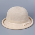Detailed view of beige knit cloche hat featuring a fine mesh texture and chic bow tie - M(56-58cm) / Beige