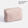 Soft cream teddy plush makeup bag with diamond quilting and gold zipper detail - Cream Pillow Bag