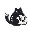 Kreative Emaille-Brosche mit schwarzer Katze, Totenkopf und Mondphasen auf Legierung - Sitzende Katze Hält Totenkopf (XZ5987)