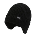 Black knitted ear protection beanie with SPORT logo patch for winter outdoor activities - One Size / Black
