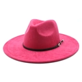 Hot pink suede fedora with wide brim, featuring a black leather band and silver buckle detail - M (56-59cm) / Rose Red Suede