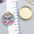 3.5cm round enamel floral pendant charm with pink flower and white pearl detail - Blue-Purple Gold-Sprinkled Round Pearl Flower-23581