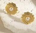 Vintage style gold pearl earrings with spiral sunburst texture on a stone background - ED16-Court Style Sunflower
