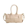 Schicke beige geflochtene quadratische Handtasche mit Griffen und abnehmbarem Schultergurt - Weiß