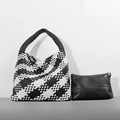 Fashionable black and white woven bucket bag with large capacity matching pouch - Black and White