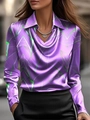 Purple satin floral print long sleeve blouse with elegant drape collar for women - S / Purple Printed