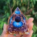 Handheld Orgone pyramid with purple amethyst, gold foil, and blue crystal sphere - 6cm / A37-Purple Stone Mandala Dark Blue Ball