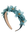 Fashionable dark green and beige headband with turquoise flower detail and gold accents - Translucent Flower Shape (Series 12-3)