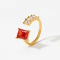 Adjustable 316L stainless steel gold ring featuring an emerald-cut red stone and zircons - Gold + Red Zircon (KBJ466)