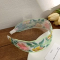 Floral embroidery mesh headband with pink and yellow flower patterns on light green fabric - Dark Green Embroidery