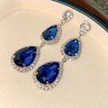 Detail of silver drop earrings featuring dark blue crystals and cubic zirconia pave - Silver Pin Rhinestone Water Drop Earrings