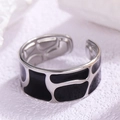 Minimalist silver stainless steel open ring with black enamel geometric texture - Adjustable Open / Wide Silver Black Pattern (JR843-SD)