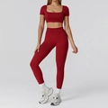 Women's burgundy seamless two-piece yoga set featuring square neck crop top and leggings - S / Short Sleeve + Leggings / Cherry Red