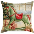 Detailed watercolor illustration of a Christmas rocking horse on a linen cushion cover - YMD15-26 (Green Rocking Horse)