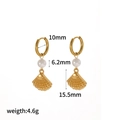 Detail specifications of golden shell earrings with pearl pendants and dimensions - Pearl Scallop Style(TE60481)