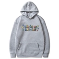 Grey oversized hoodie with colorful stars and Who Let Me Have Fun print details - Light Gray