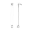 S925 sterling silver drop earrings featuring long thin chains and white pearls - GPE21-P Box Chain Long Pearl Drop Earrings / Silver
