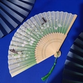 Japanese style bamboo folding fan with green gradient rabbit and cherry blossom pattern - Green Gradient Rabbit Pagoda