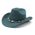 Detail of teal faux suede cowboy hat with shell and beaded bohemian hatband - Malachite green