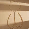 Detail of golden geometric body chain with sparkling rhinestones and adjustable links - Gold