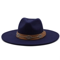 Detail of dark blue wide brim fedora hat with studded brown leather decorative band - M (56-58cm) / Navy Blue