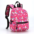 Pink children's 13-inch backpack featuring colorful unicorn and rainbow cartoon prints - Pink Rainbow Unicorn