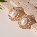Vintage gold-tone floral earrings with large pearls and sparkling rhinestones for women - Gold Round Pearl