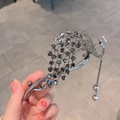 Elegant peacock hair clip in antique silver finish with rhinestones and pearl tassels - Ancient Silver Peacock Tassel Hair Clip