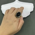 Vintage-style open ring featuring a large oval black gemstone and white crystal halo - K-0900 Black Onyx Style Ring