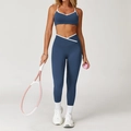 Marineblauw yoga-set voor dames met gekruiste hoge taille en witte contrast bies - S / Boven- En Onderstuk / Blauw (Leggings Stijl)