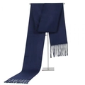 Minimalist navy blue men's scarf with fringe tassels hanging on a display rack - Navy Blue