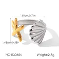Detailed view of bicolor starfish and shell open ring with dimensions and weight - Starfish Shell Combo Style (HC-R30654)