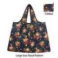 Foldable navy floral shopping bag with yellow and pink roses and compact stored view - Large - Three Flowers