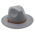Close-up of grey wool fedora hat with brown leather belt and golden metal buckle detail - M (56-58cm) / Light Grey (Heart Buckle Belt)