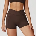 Kaffeebraune Yoga-Shorts mit Überkreuz-V-Bund und praktischen Seitentaschen - S / Kaffeebraun