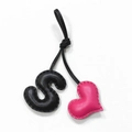 Handmade leather S-letter and pink heart bag charm with black cord on white background - Black with Rose Red Heart