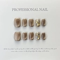 Cat eye brown press-on nails with sparkling rhinestones set of 10 for elegant manicure - Large L (514 Crystal Cat Eye Glitter Short Square)