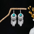 Bohemian silver drop earrings with turquoise stones and metal feather charms - E5809-2/Retro Carved Feather Pendant