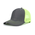 Dark grey trucker hat with neon green mesh back and decorative brim stitching - Adjustable / Dark Grey + Green Mesh
