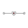 Macro view of silver industrial barbell with heart spiderweb and red zircon inlay - Silver Heart Spider Web