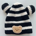 Infant striped knit beanie with bear ears and teddy patch in black and white - Black