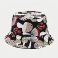 Close-up of black cotton bucket hat featuring colorful all-over cartoon mushroom prints - M (56-58cm) / 20# Black Hand-drawn Mushroom B