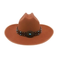Brown wool felt jazz hat with a turquoise beaded leather band and vintage buckle - One Size (Wide Brim) / Khaki Bound Edge (Treasure Flower Leather Belt)